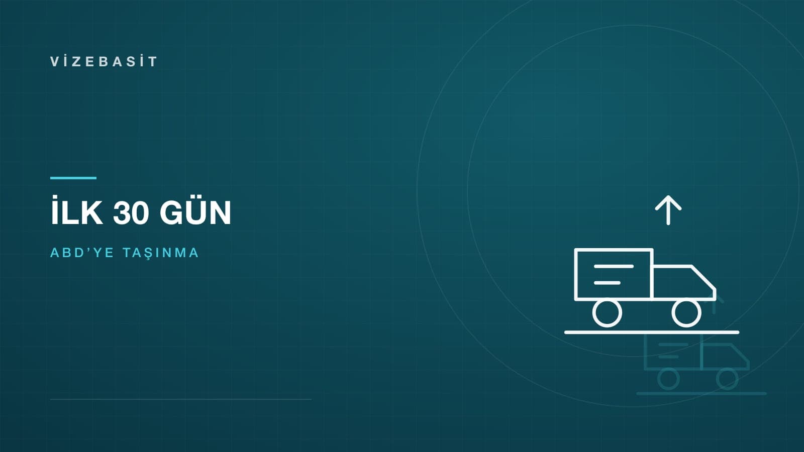 ABD’ye taşınmanın ilk 30 günü için nakliye aracı ve ev motifli koyu mavi-teal kapak görseli