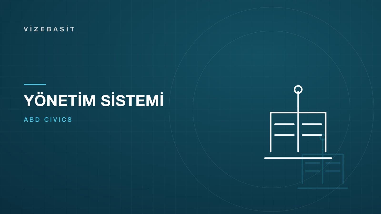 ABD yönetim sistemi için üç erki gösteren yapı şeması motifli koyu mavi-teal kapak görseli
