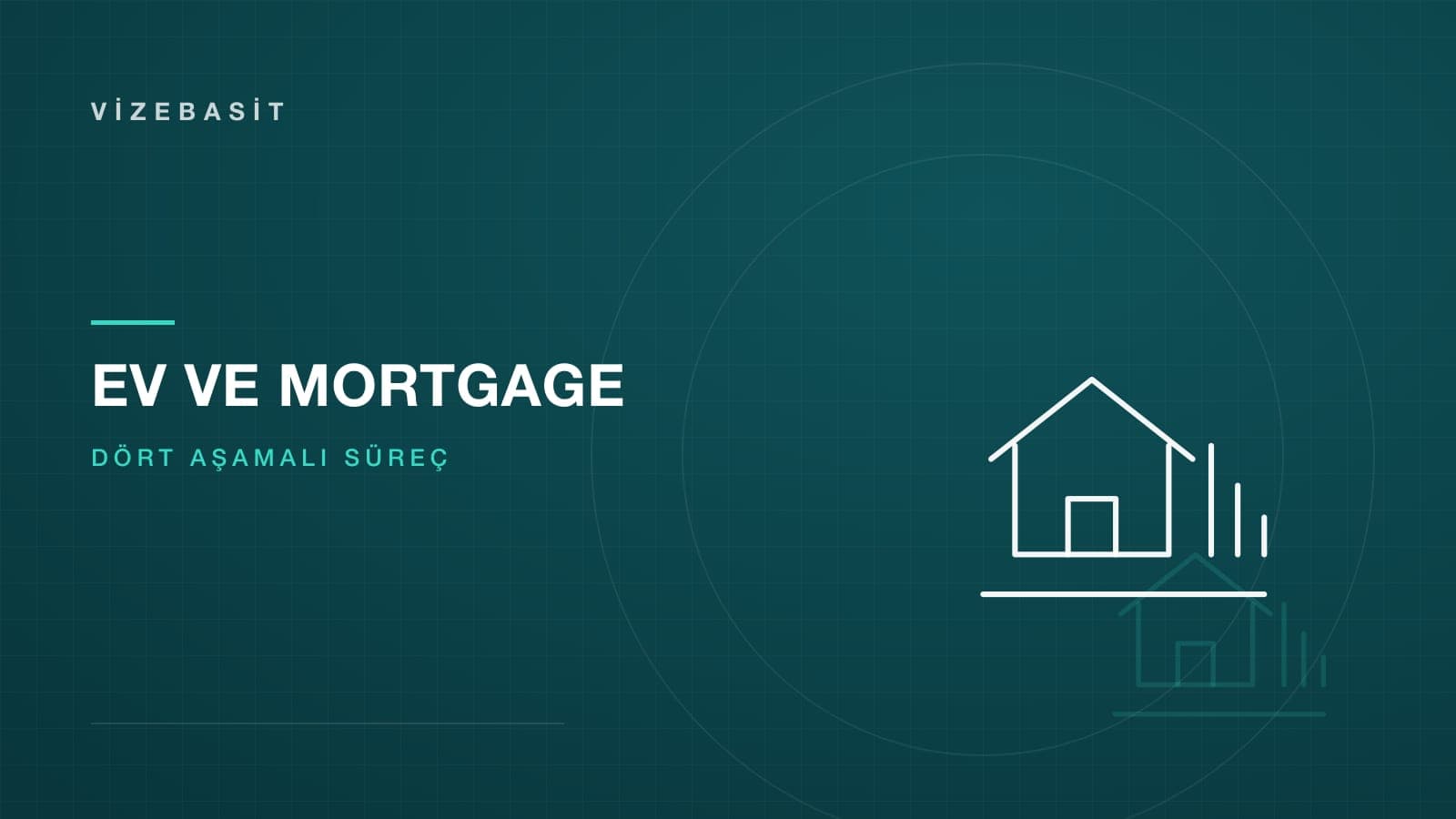 ABD’de ev satın alma ve mortgage için ev silueti ve azalan ödeme sütunları motifli kapak görseli