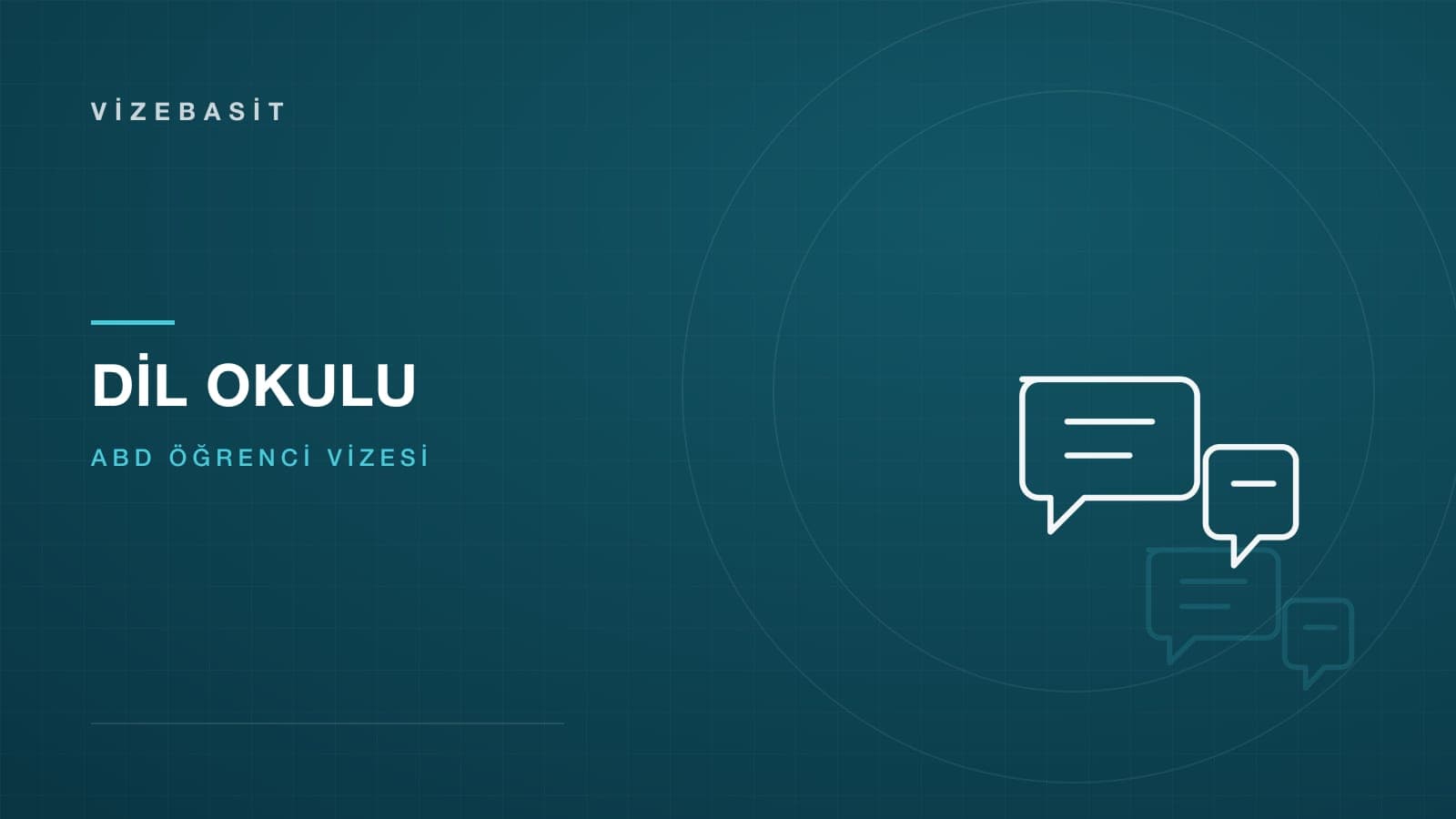 ABD dil okulu vizesi için konuşma balonları motifli koyu mavi-teal kapak görseli