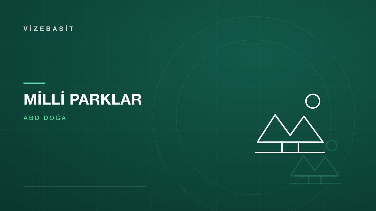 ABD milli parkları için dağ silsilesi ve güneş motifli koyu yeşil-teal kapak görseli