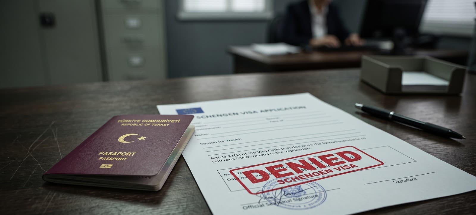 Reddedilmiş Schengen vize başvurusu: üzerinde kırmızı DENIED damgası bulunan başvuru formu ve Türk pasaportu